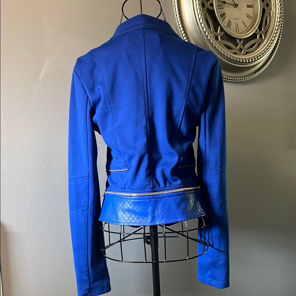 Cute Vintage Biker Retro Bold Blue Blazer with High Collar Slim Fit Faux Leather - Picture 2 of 16